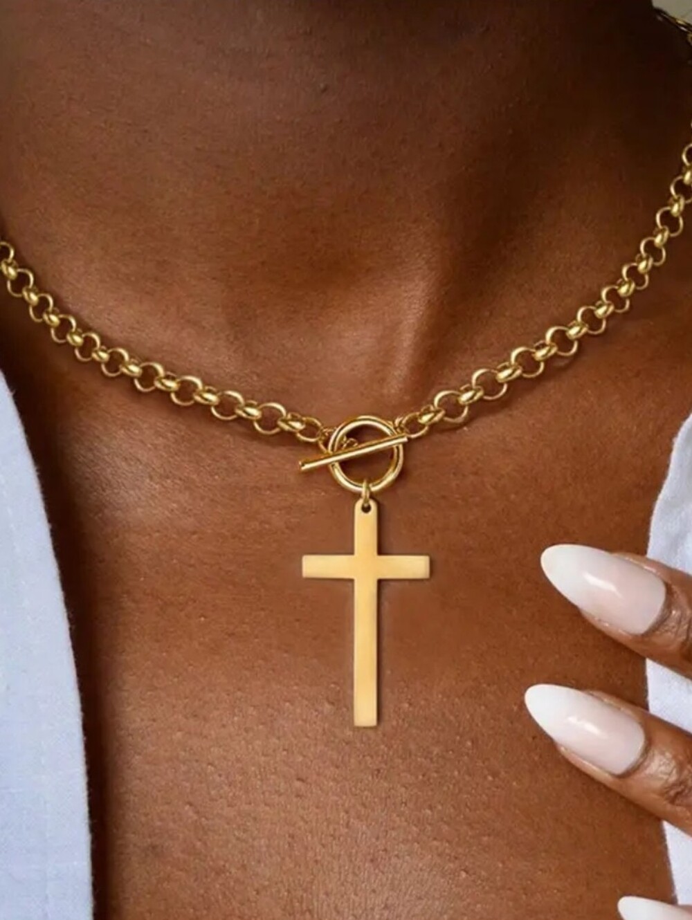 Gold Cross Toggle Chain Necklace - Women Jewelry Staless Steel